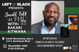 Event flyer with photo of Bakari Kitwana and covers of his books.